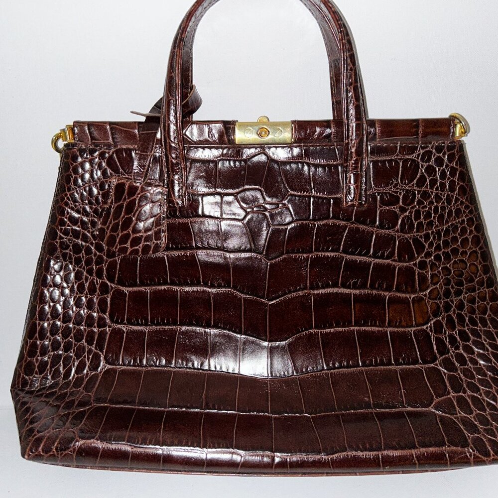 Cognac Embossed Leather Handle Bag, Made in Italy